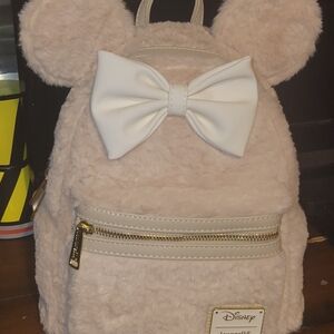 Loungefly Disney Beige Furry Backpack with White Bow